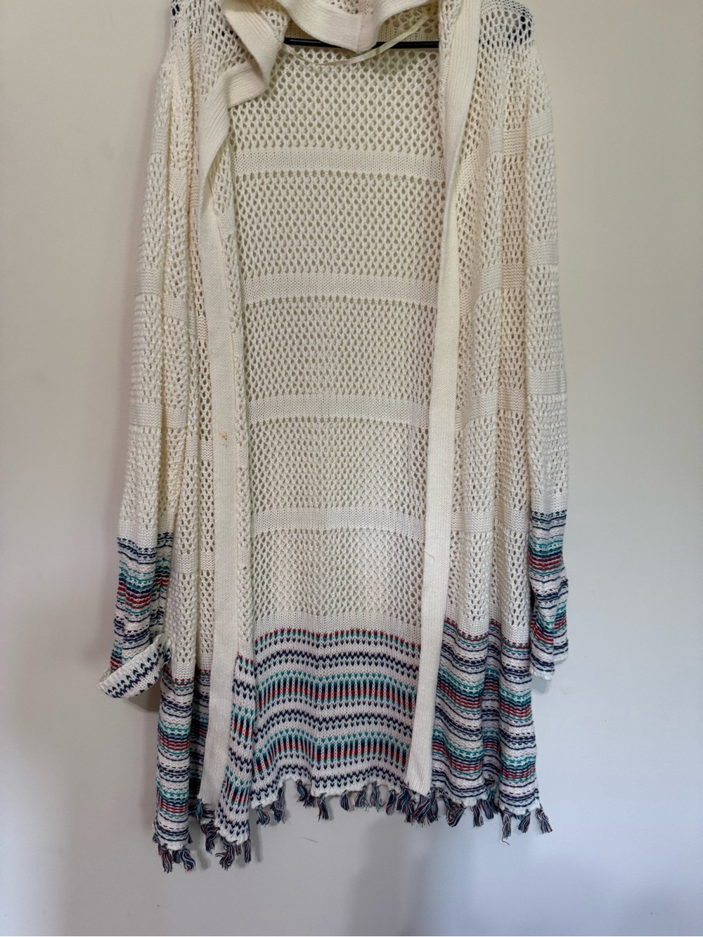 Hand Crafted Cream Open-Knit Hooded Swim Coverup with Multicolor Trim